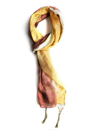 In-Sattva Brown Yellow bohemian shaded nylon scarf stole, primary product image highlighting its color, pattern and woven texture.