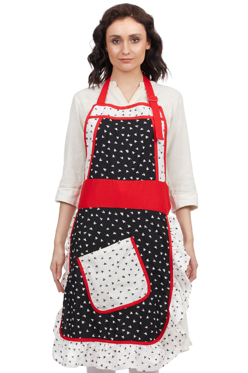 Women's black polka dot 100% cotton bohemian bib apron with pocket and adjustable neck strap by In-Sattva