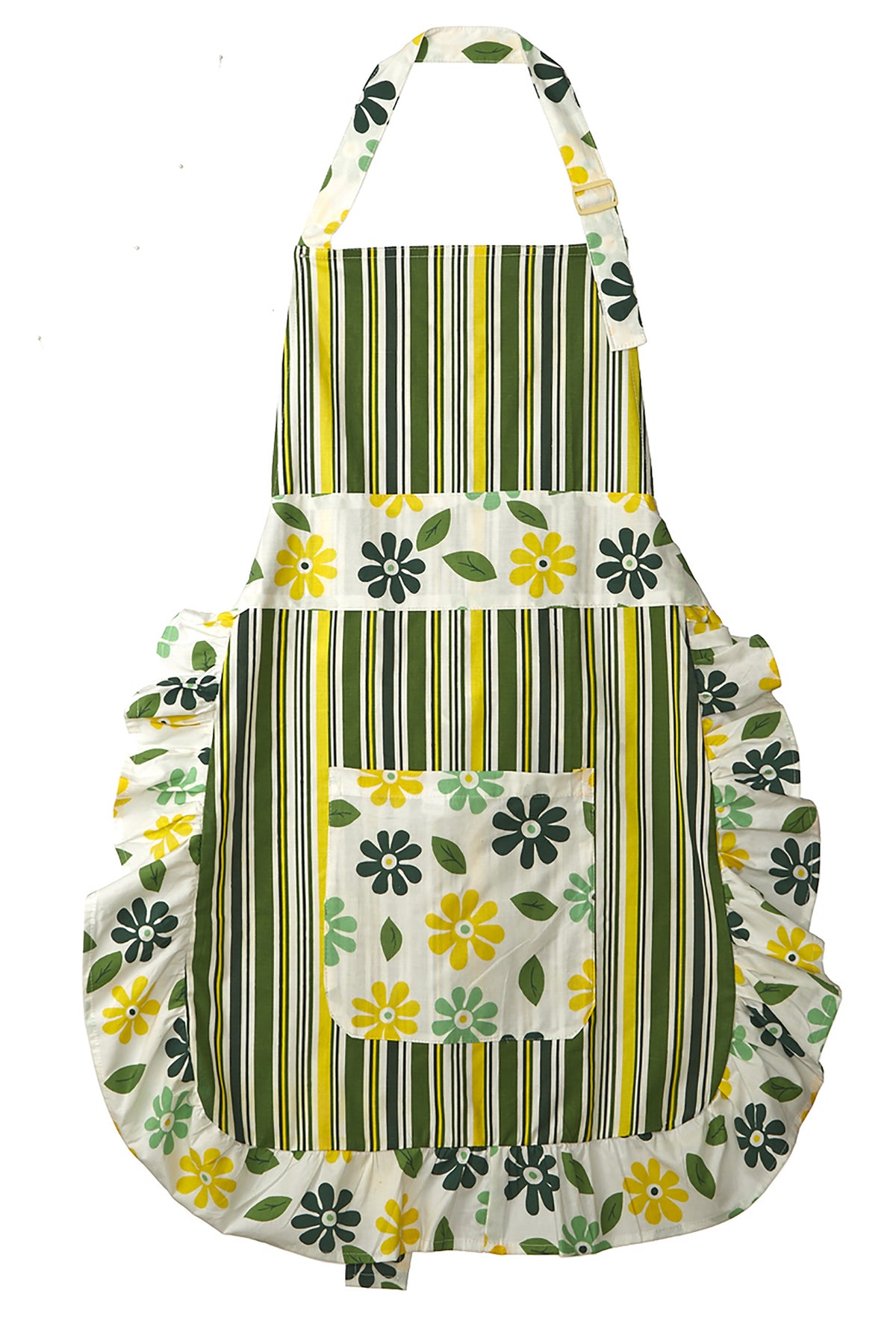 Front view of an In-Sattva women's dark yellow bohemian cotton apron with adjustable neck strap and pockets