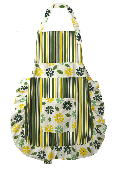 Front view of an In-Sattva women's dark yellow bohemian cotton apron with adjustable neck strap and pockets