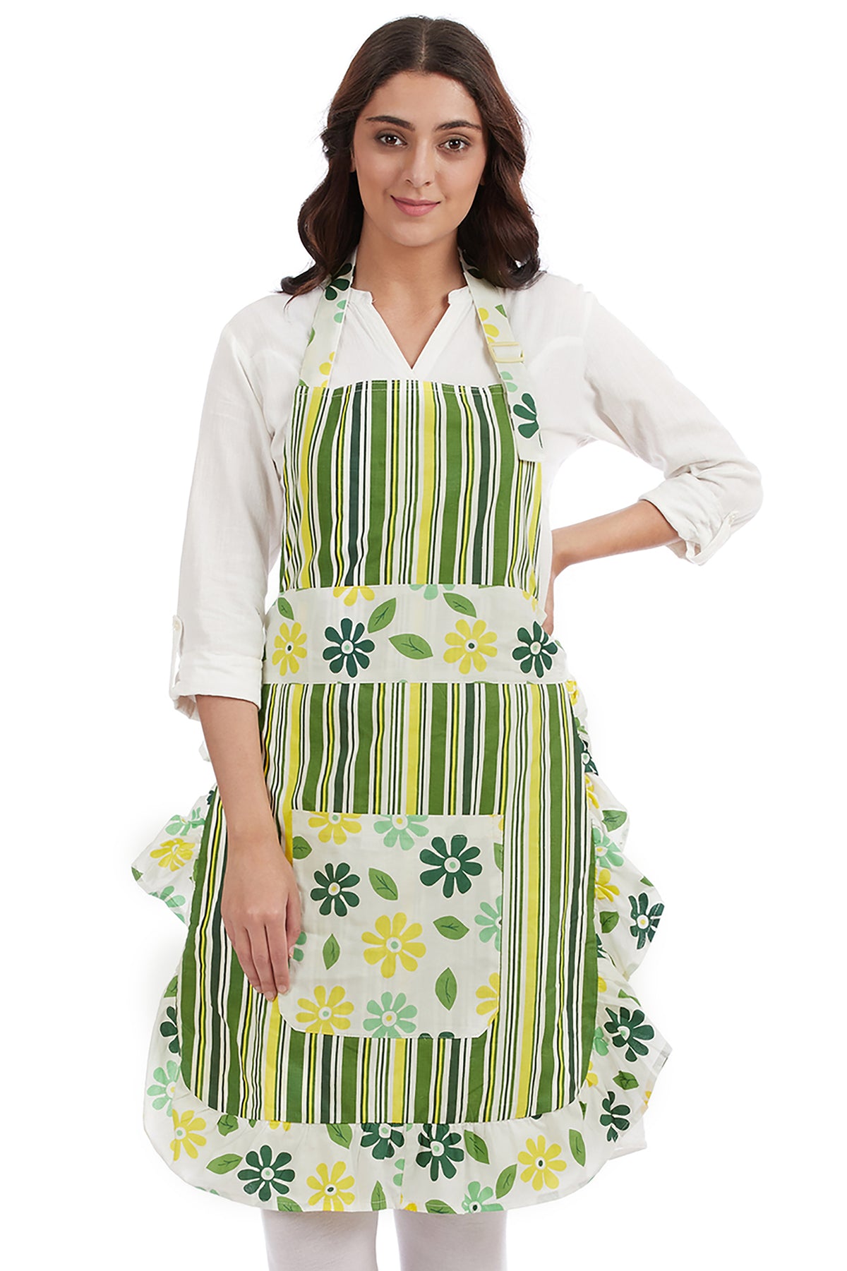 Women's dark yellow 100% cotton bohemian bib apron with roomy pockets and a frilly hem by In-Sattva