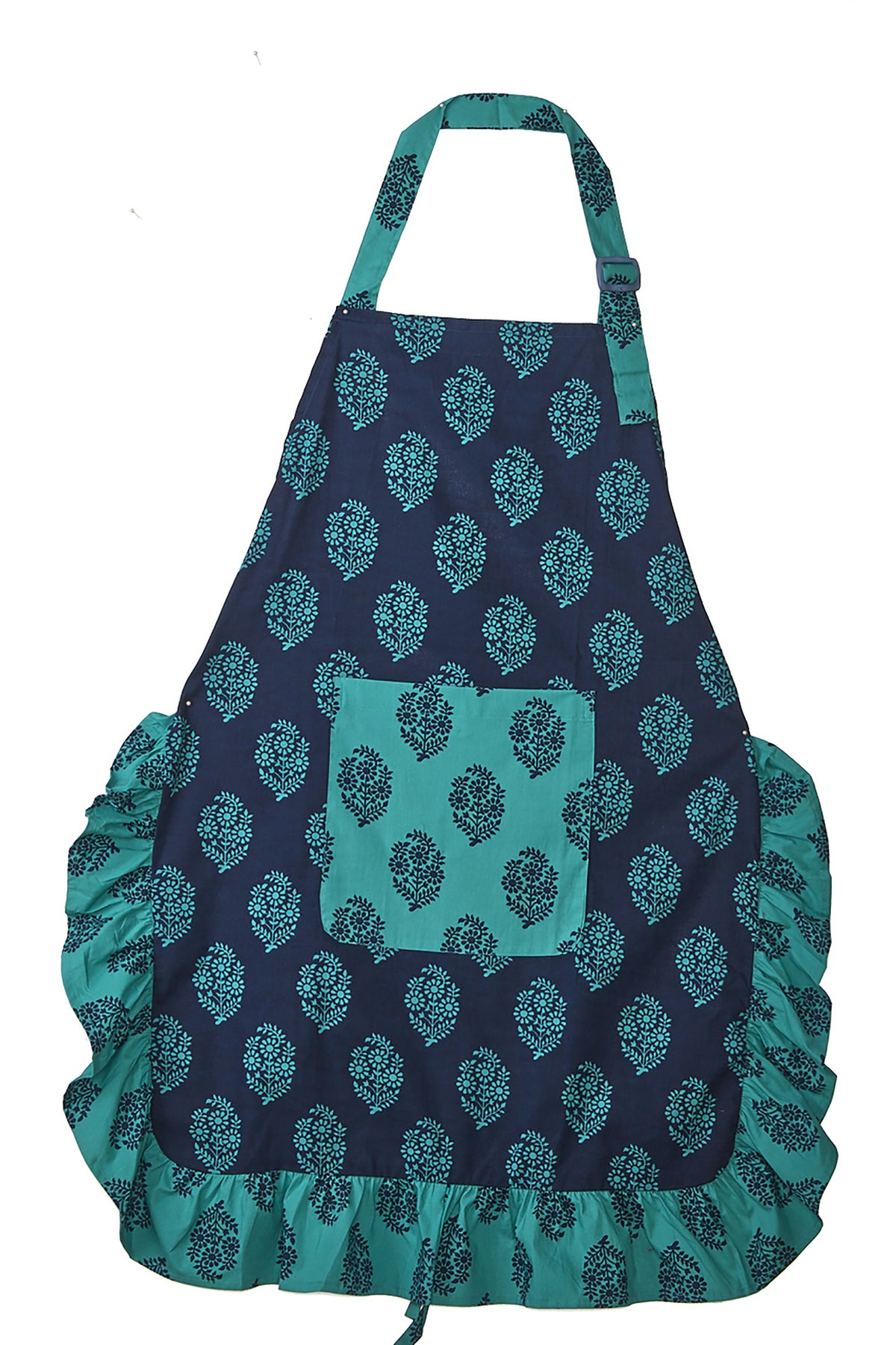 Front view of an In-Sattva women's multicolor bohemian cotton apron with adjustable neck strap and pockets