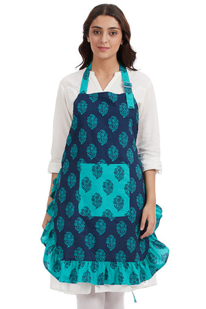 Women's multicolor 100% cotton bohemian bib apron with roomy pockets and a frilly hem by In-Sattva