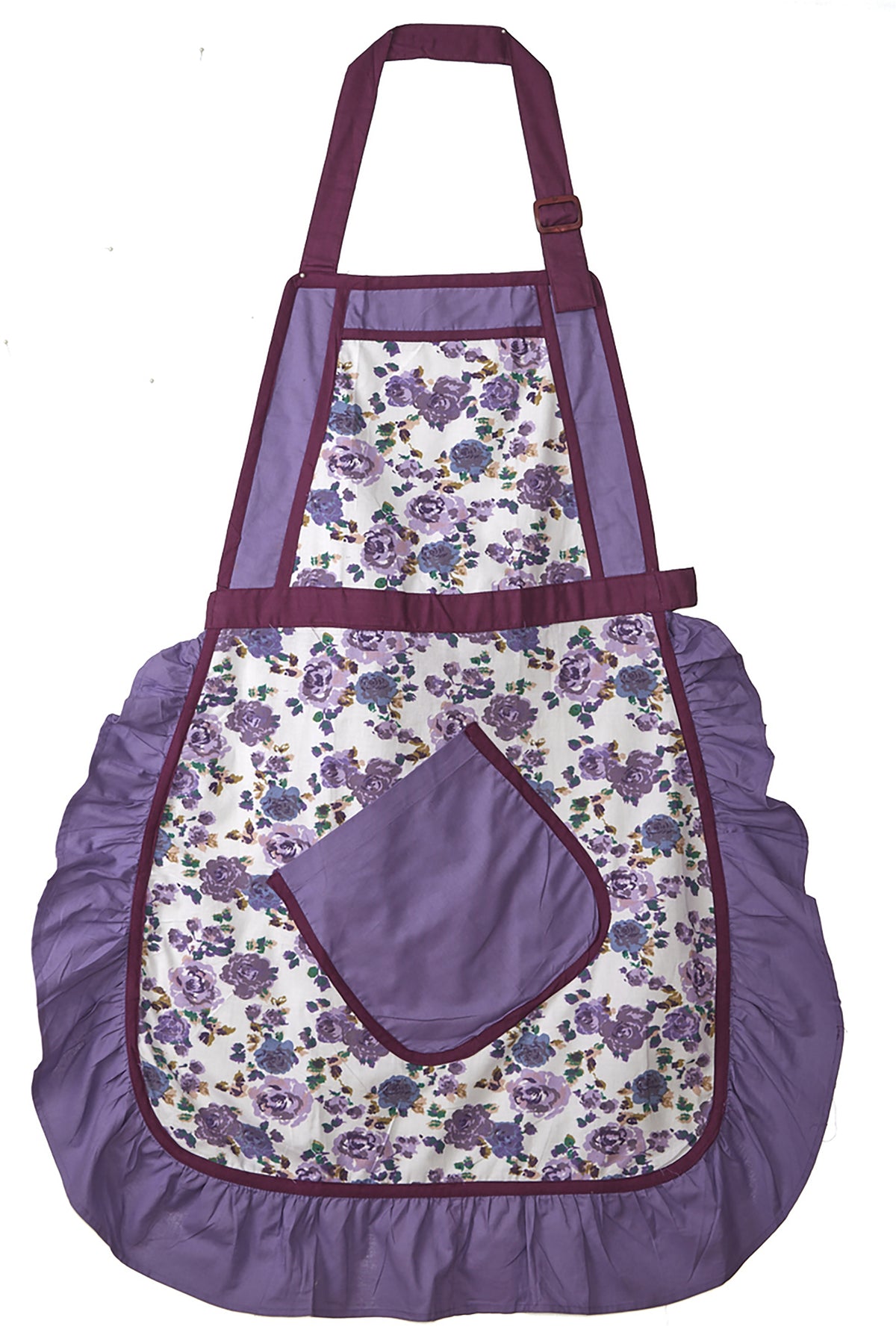 Front view of an In-Sattva women's purple bohemian cotton apron with adjustable neck strap and pockets