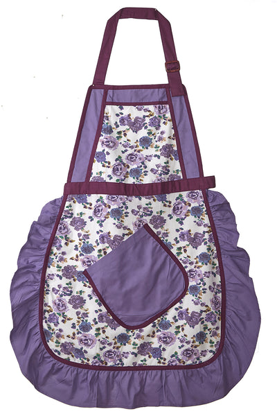 Front view of an In-Sattva women's purple bohemian cotton apron with adjustable neck strap and pockets
