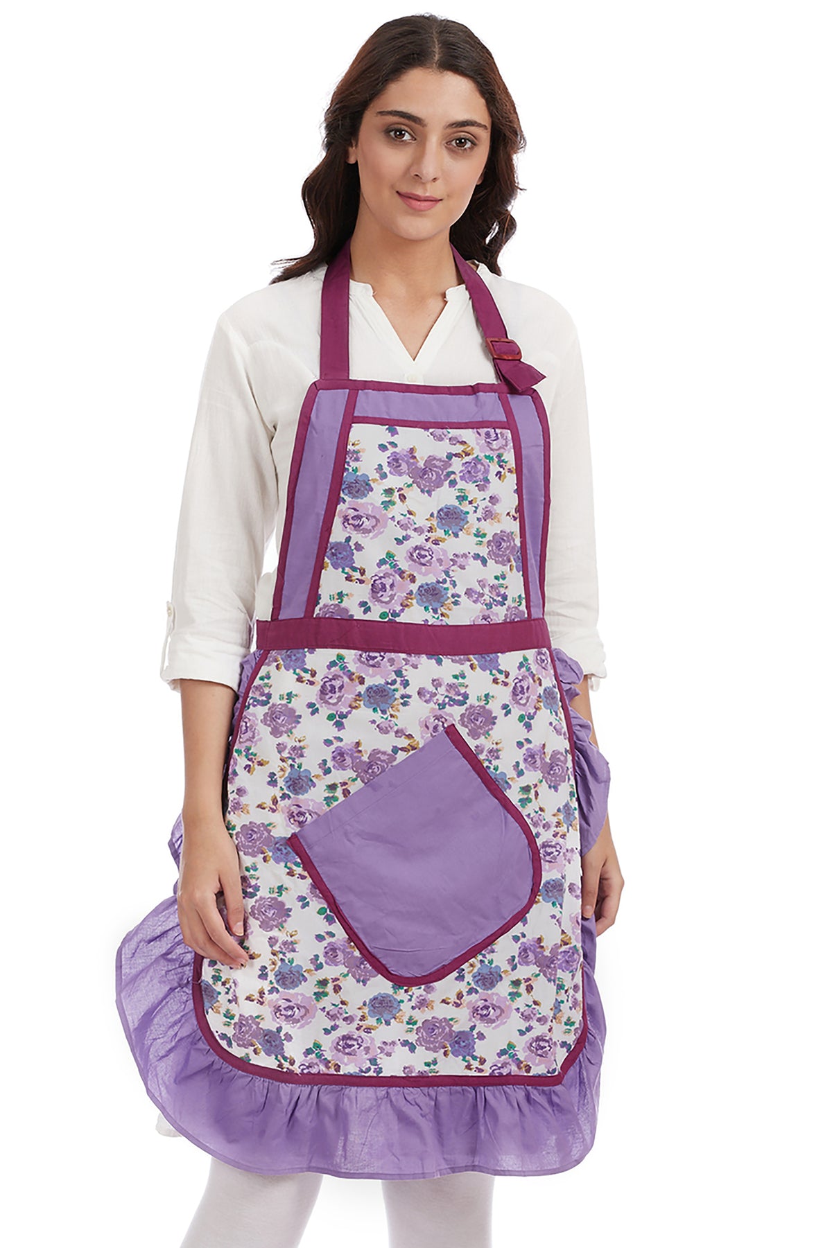 Women's purple 100% cotton bohemian bib apron with roomy pockets and a frilly hem by In-Sattva