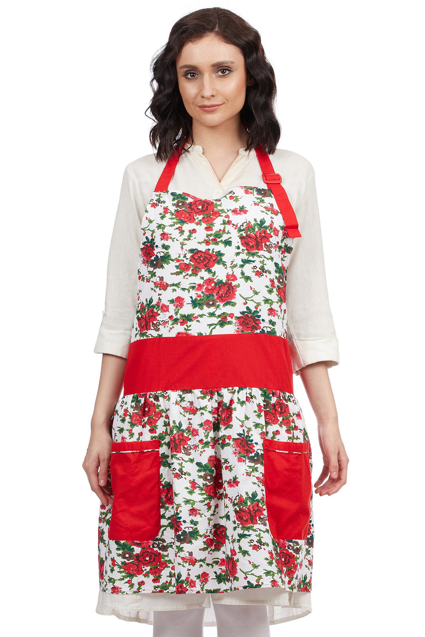 Women's red rose print 100% cotton bohemian bib apron with pocket and adjustable neck strap by In-Sattva