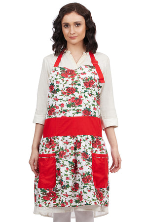 Women's red rose print 100% cotton bohemian bib apron with pocket and adjustable neck strap by In-Sattva
