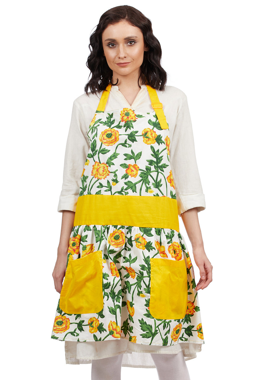 Women's yellow 100% cotton bohemian bib apron with roomy pockets and a frilly hem by In-Sattva
