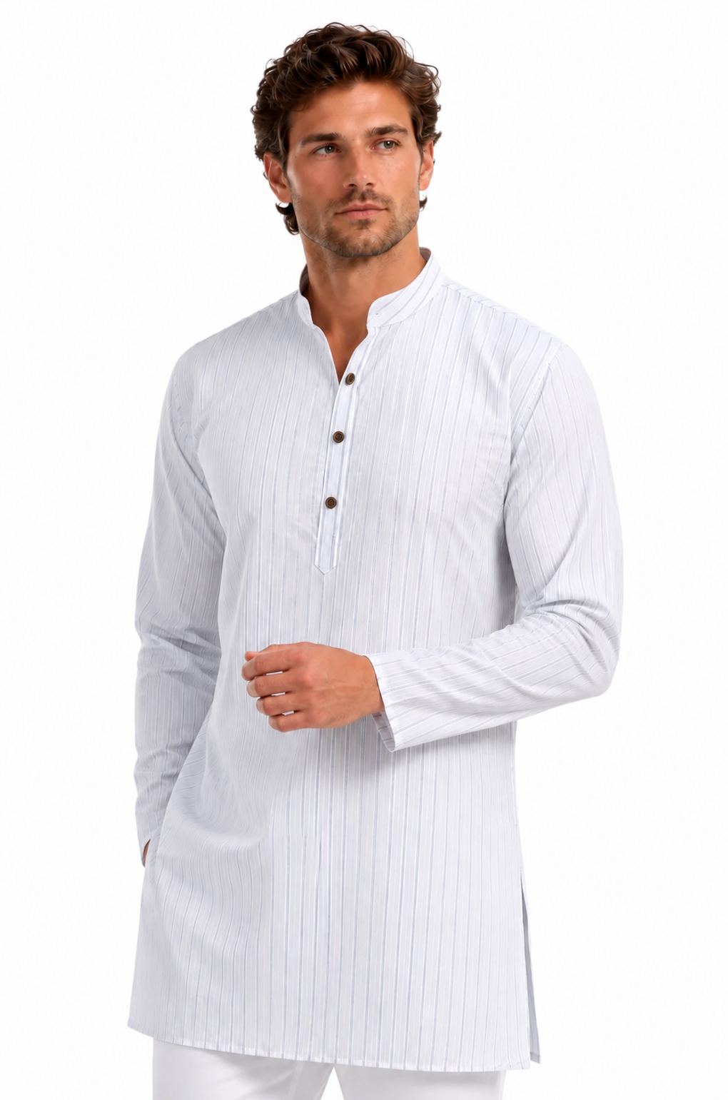 In-Sattva Men's Handloom Cotton Vintage Pinstriped Thigh-Length Kurta Tunic; Striped Blue