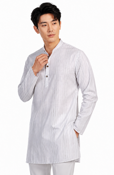 In-Sattva Men's Handloom Cotton Vintage Pinstriped Thigh-Length Kurta Tunic; Striped Green