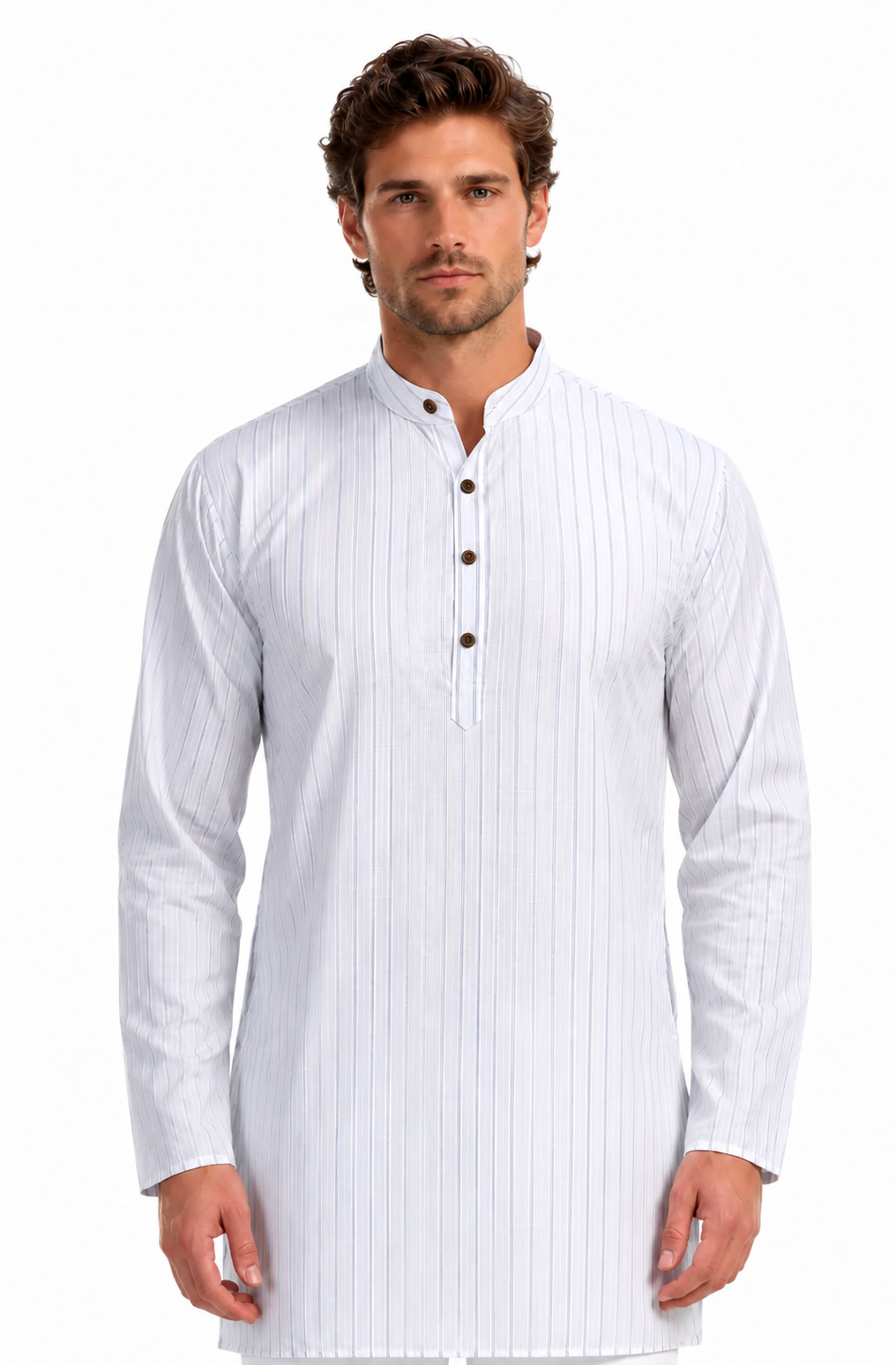 In-Sattva Men's Handloom Cotton Vintage Pinstriped Thigh-Length Kurta Tunic; Striped Blue