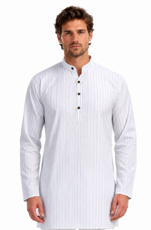 In-Sattva Men's Handloom Cotton Vintage Pinstriped Thigh-Length Kurta Tunic; Striped Blue