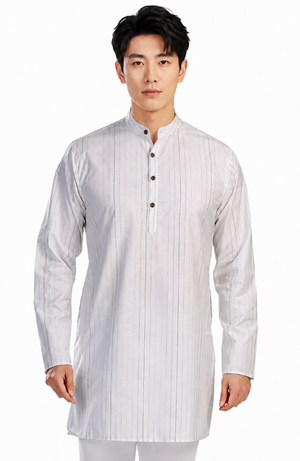 In-Sattva Men's Handloom Cotton Vintage Pinstriped Thigh-Length Kurta Tunic; Striped Green