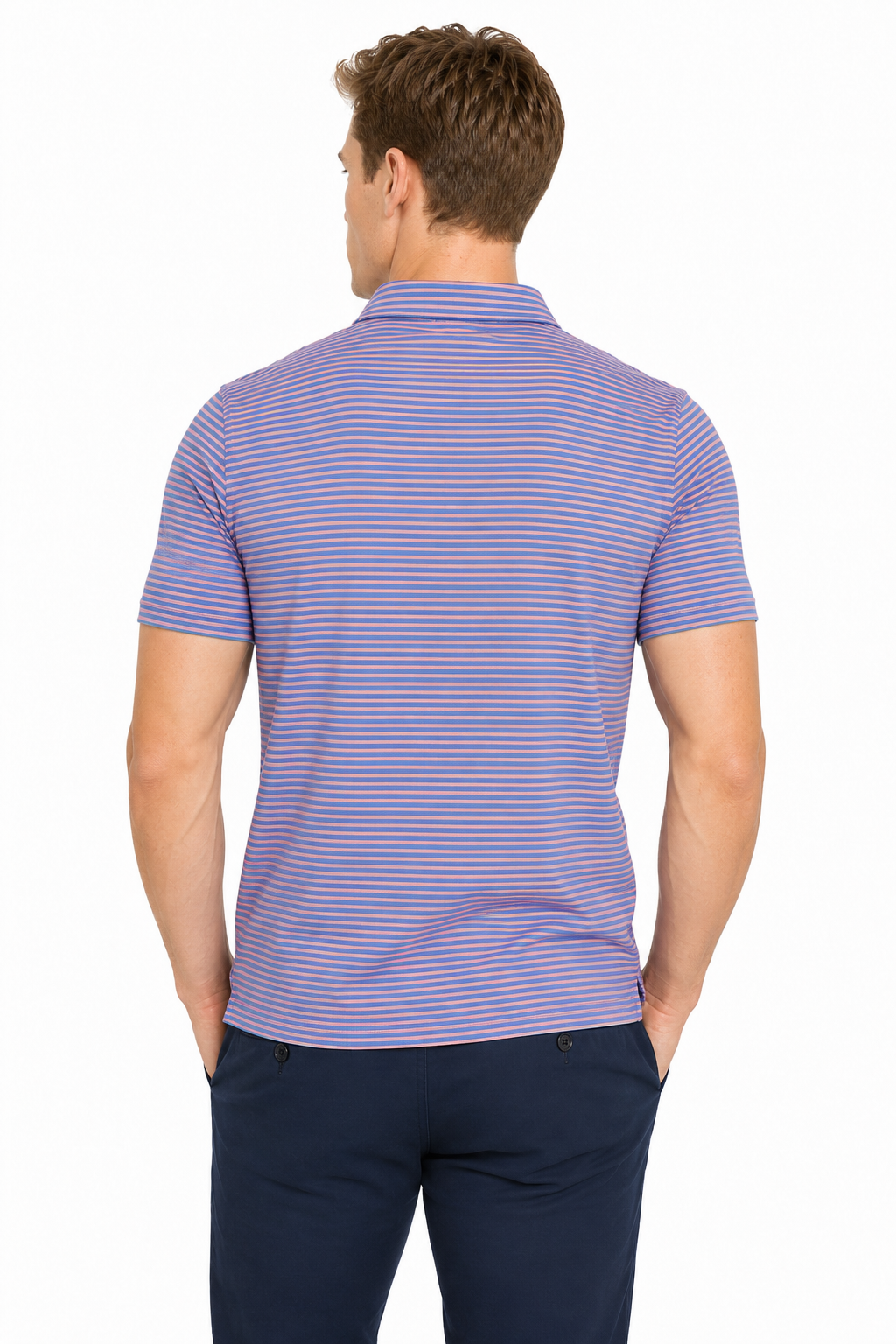 AVA Athletica Men's Polo Collar Moisture-Wick Active Wear Fine Striped T-Shirt; Salmon and Pink