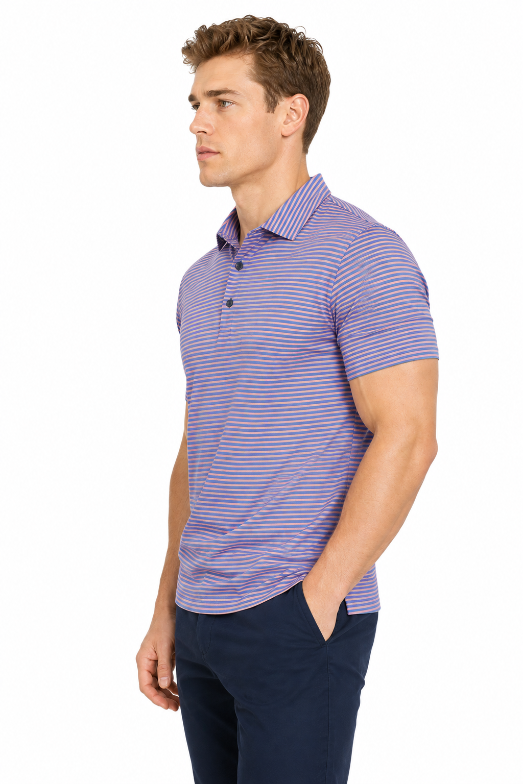 AVA Athletica Men's Polo Collar Moisture-Wick Active Wear Fine Striped T-Shirt; Salmon and Pink
