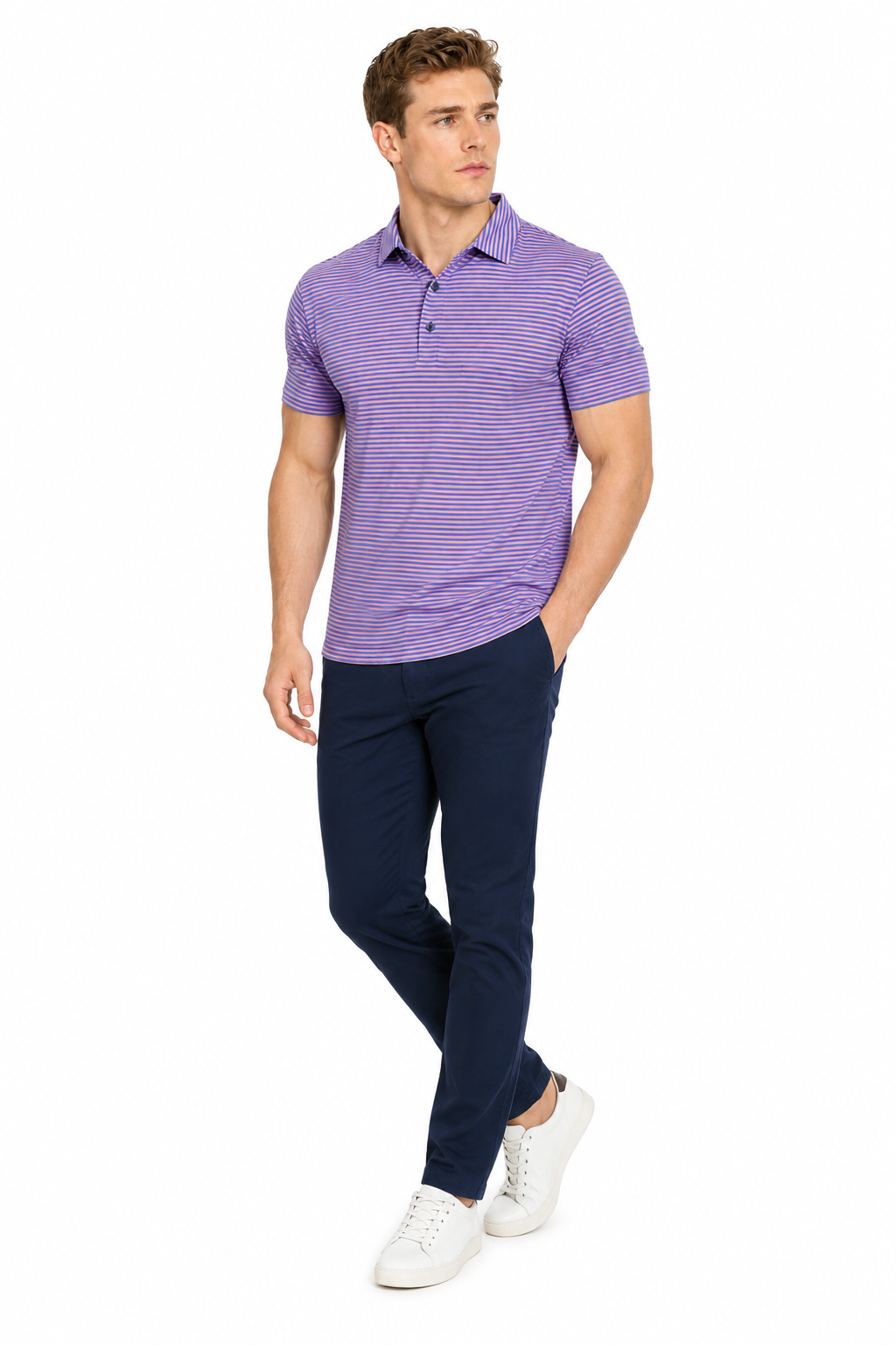 AVA Athletica Men's Polo Collar Moisture-Wick Active Wear Fine Striped T-Shirt; Salmon and Pink