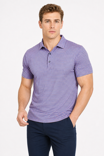 AVA Athletica Men's Polo Collar Moisture-Wick Active Wear Fine Striped T-Shirt; Salmon and Pink