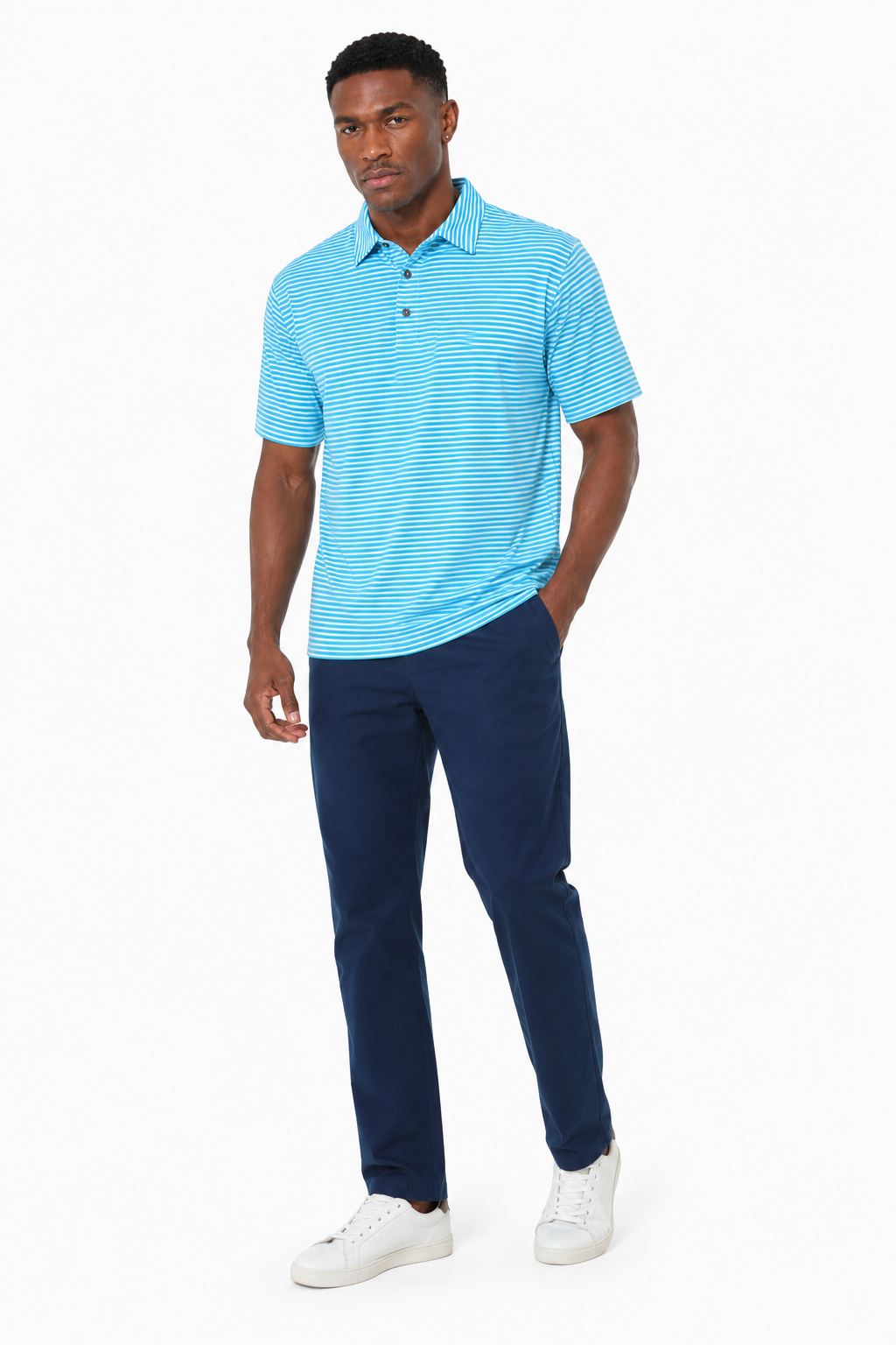 AVA Athletica Men's Polo Collar Moisture-Wick Active Wear Fine Striped T-Shirt Malibu Blue