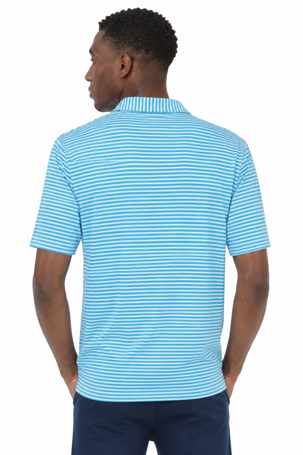 AVA Athletica Men's Polo Collar Moisture-Wick Active Wear Fine Striped T-Shirt Malibu Blue