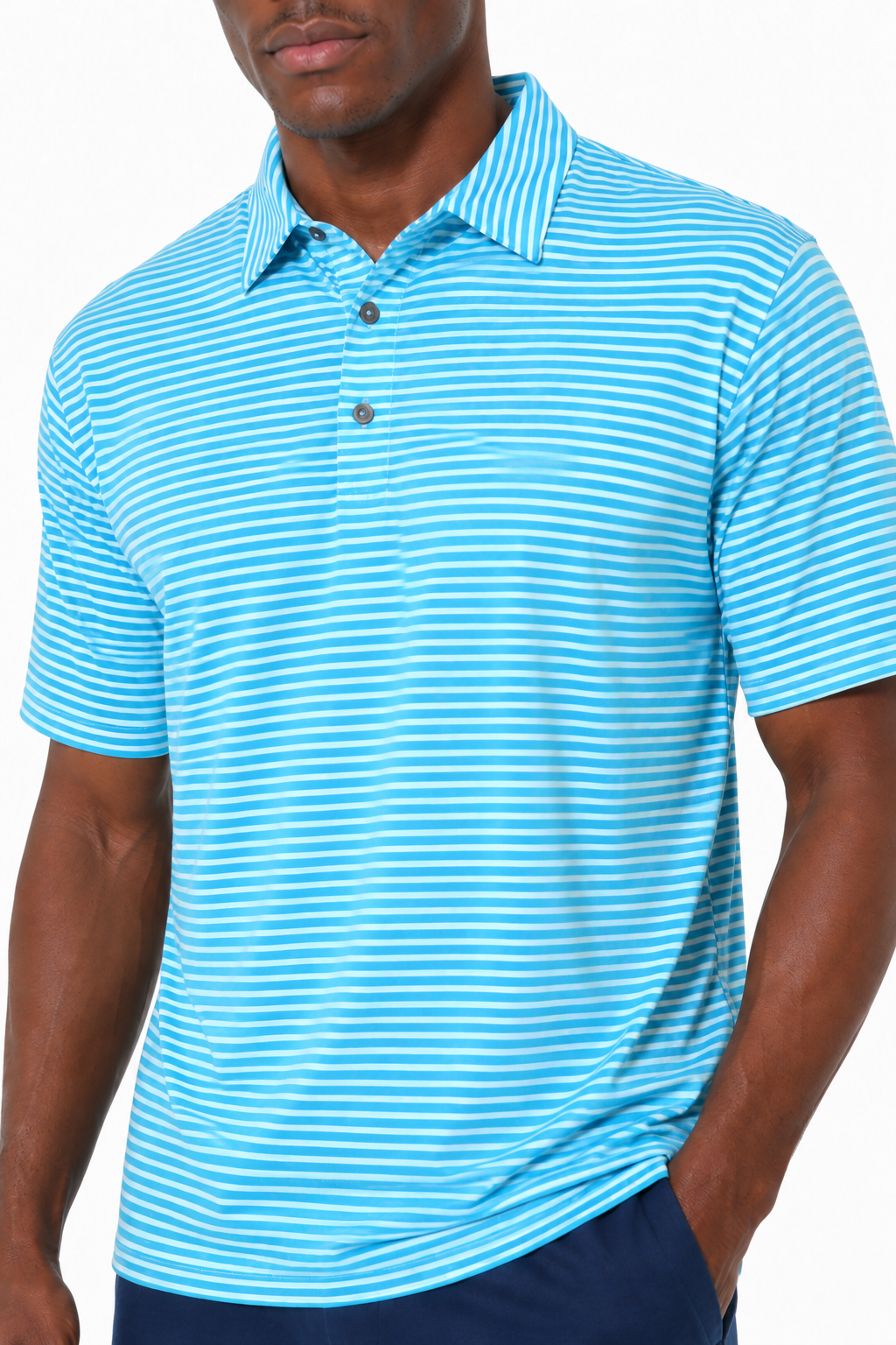 AVA Athletica Men's Polo Collar Moisture-Wick Active Wear Fine Striped T-Shirt Malibu Blue