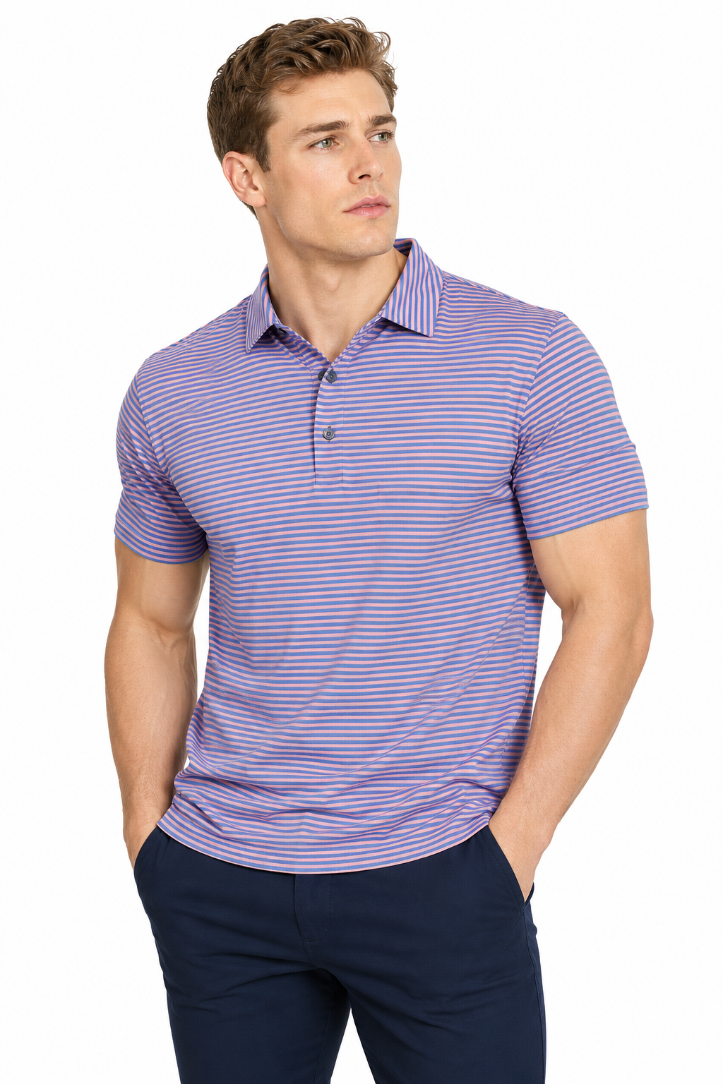 AVA Athletica Men's Polo Collar Moisture-Wick Active Wear Fine Striped T-Shirt; Salmon and Pink