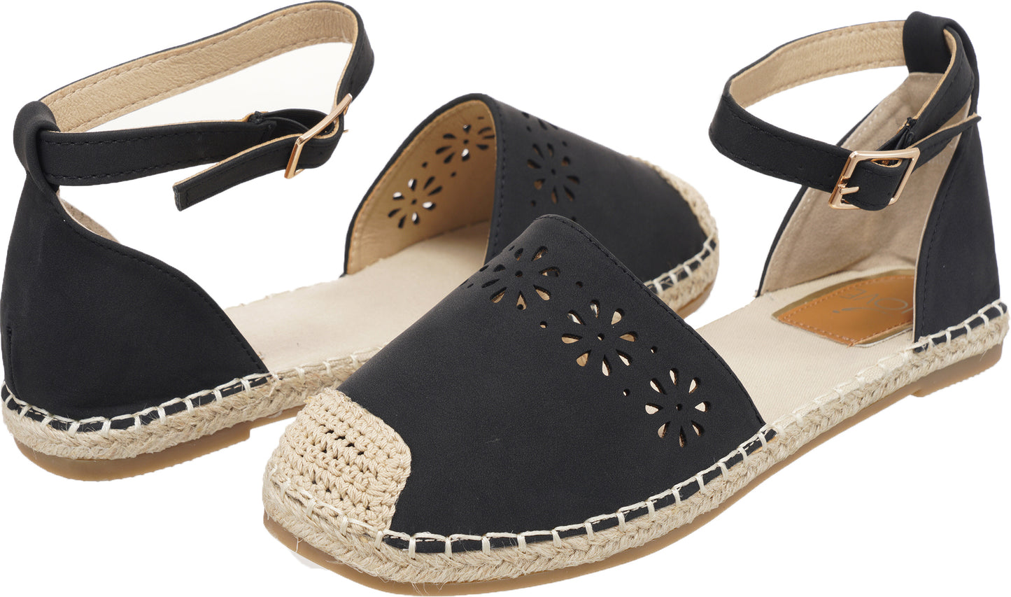 Jove Black Flats with Flower Detail