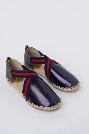 Jove Navy Patent Flat with Front Cross Strap