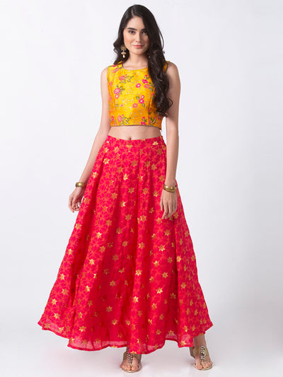 Ethnicity Handcrafted Gold Brocade and Fuchsia Lehenga Skirt