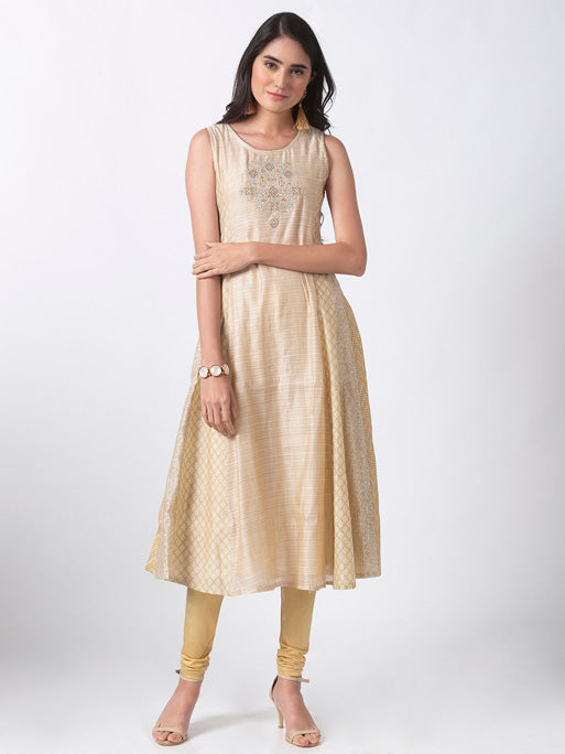 Ethnicity Handcrafted Sleeveless Beige Printed and Embroidered A-Line Dress