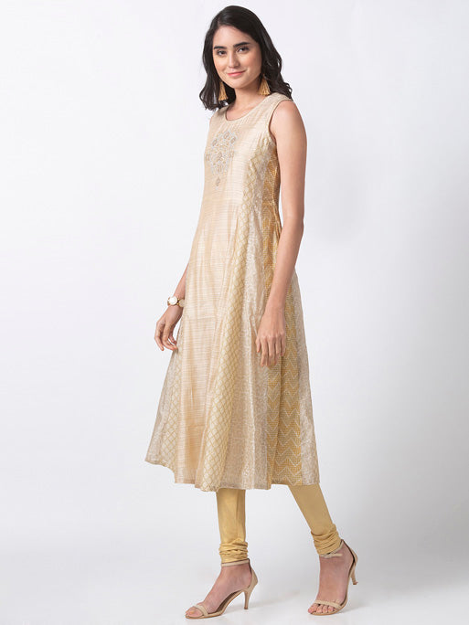 Ethnicity Handcrafted Sleeveless Beige Printed and Embroidered A-Line Dress