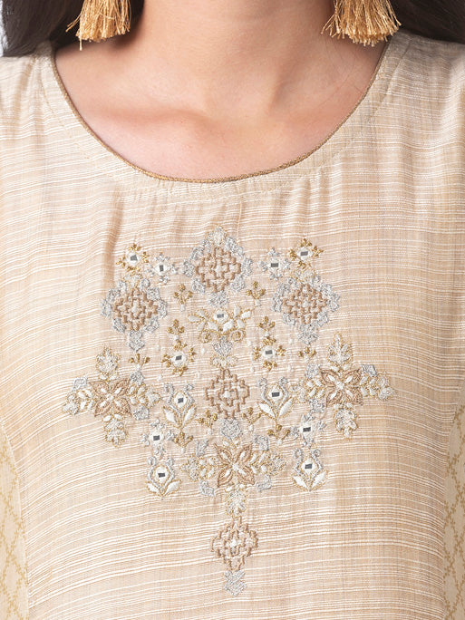 Ethnicity Handcrafted Sleeveless Beige Printed and Embroidered A-Line Dress