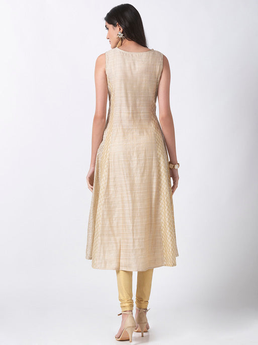 Ethnicity Handcrafted Sleeveless Beige Printed and Embroidered A-Line Dress