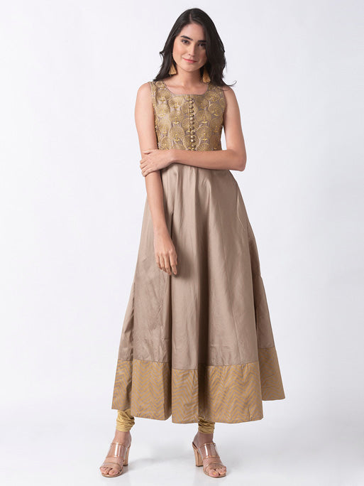 Ethnicity Elegant Gold and Beige Embroidered Sleeveless Tafetta Dress