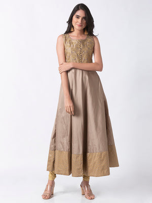 Ethnicity Elegant Gold and Beige Embroidered Sleeveless Tafetta Dress