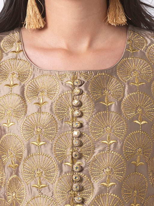 Ethnicity Elegant Gold and Beige Embroidered Sleeveless Tafetta Dress
