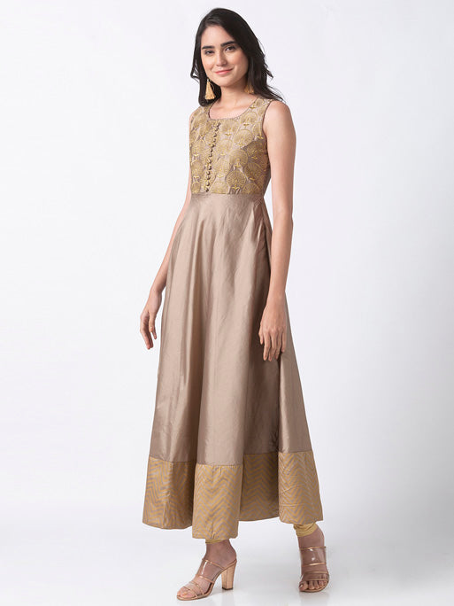 Ethnicity Elegant Gold and Beige Embroidered Sleeveless Tafetta Dress