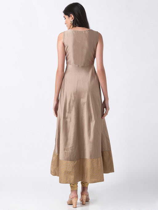 Ethnicity Elegant Gold and Beige Embroidered Sleeveless Tafetta Dress