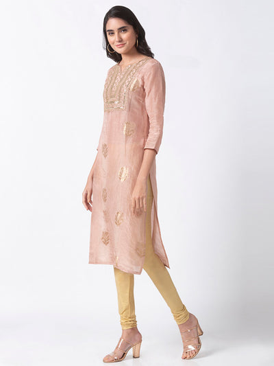 Ethnicity Handcrafted Metallic Embroidered Tea Pink Kurta Tunic