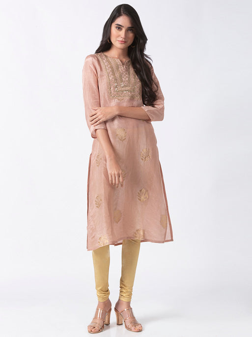 Ethnicity Handcrafted Metallic Embroidered Tea Pink Kurta Tunic