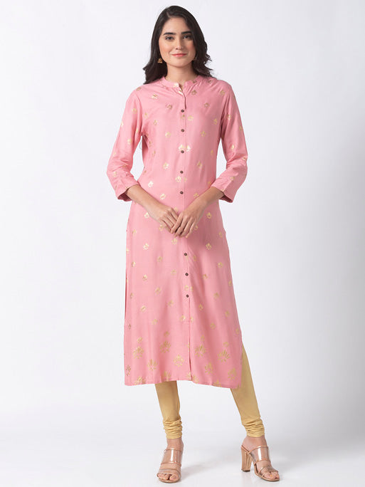 Ethnicity Printed Blush Pink Long Kurta Tunic with Button Placket