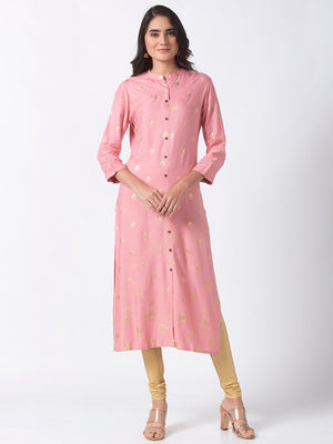 Ethnicity Printed Blush Pink Long Kurta Tunic with Button Placket