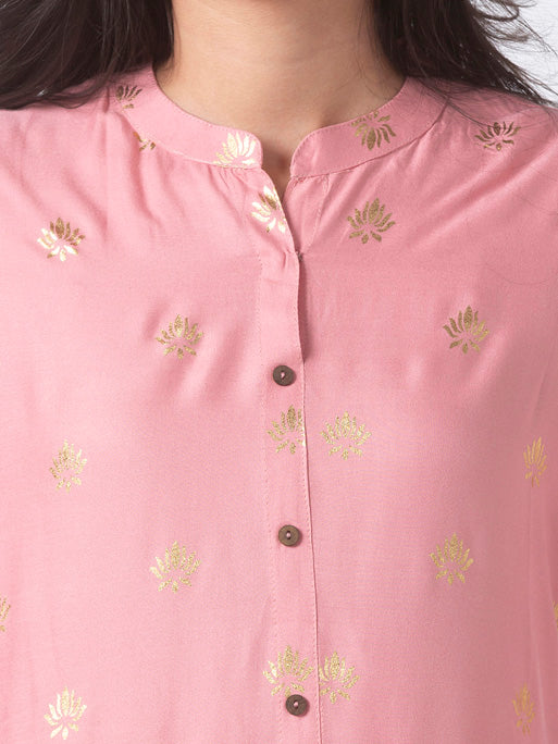 Ethnicity Printed Blush Pink Long Kurta Tunic with Button Placket