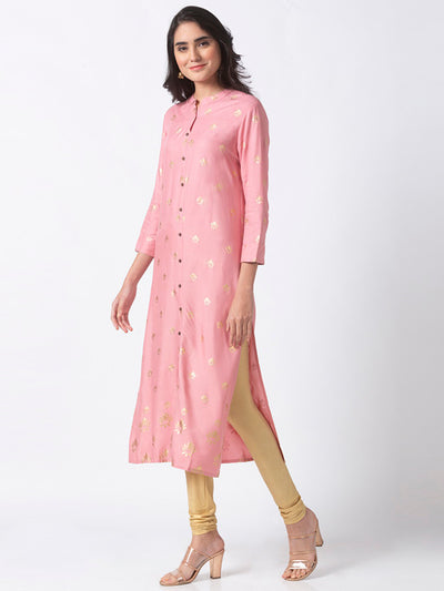 Ethnicity Printed Blush Pink Long Kurta Tunic with Button Placket