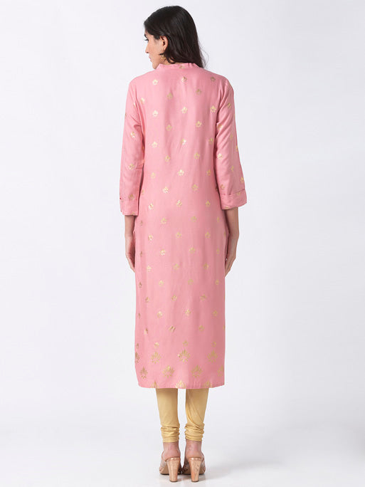 Ethnicity Printed Blush Pink Long Kurta Tunic with Button Placket