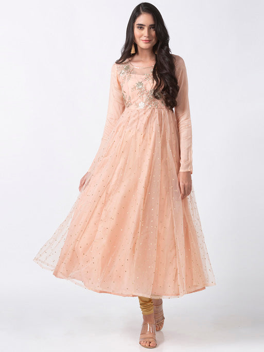 In-Sattva Women's Elegant Handmade Floral Embroidered Peach Dress