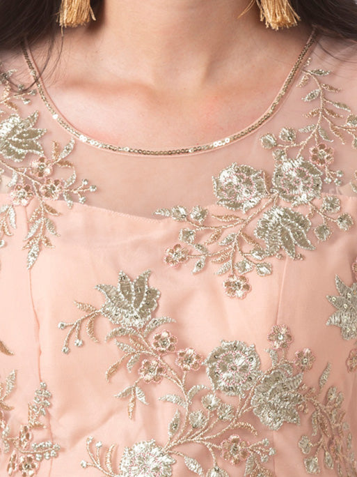 In-Sattva Women's Elegant Handmade Floral Embroidered Peach Dress