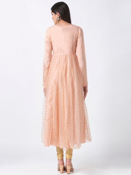 In-Sattva Women's Elegant Handmade Floral Embroidered Peach Dress