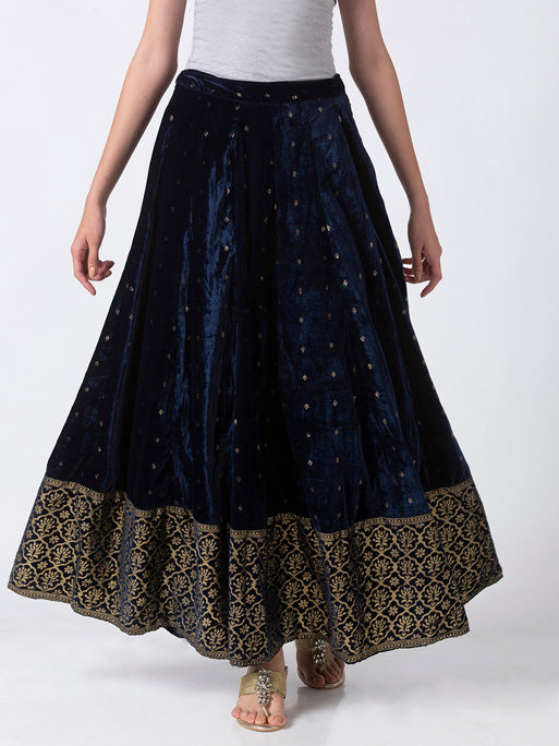 Ethnicity Royal Navy Blue Velvet Lehenga Skirt with Gold Print and Border