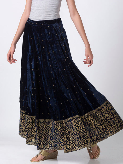 Ethnicity Royal Navy Blue Velvet Lehenga Skirt with Gold Print and Border